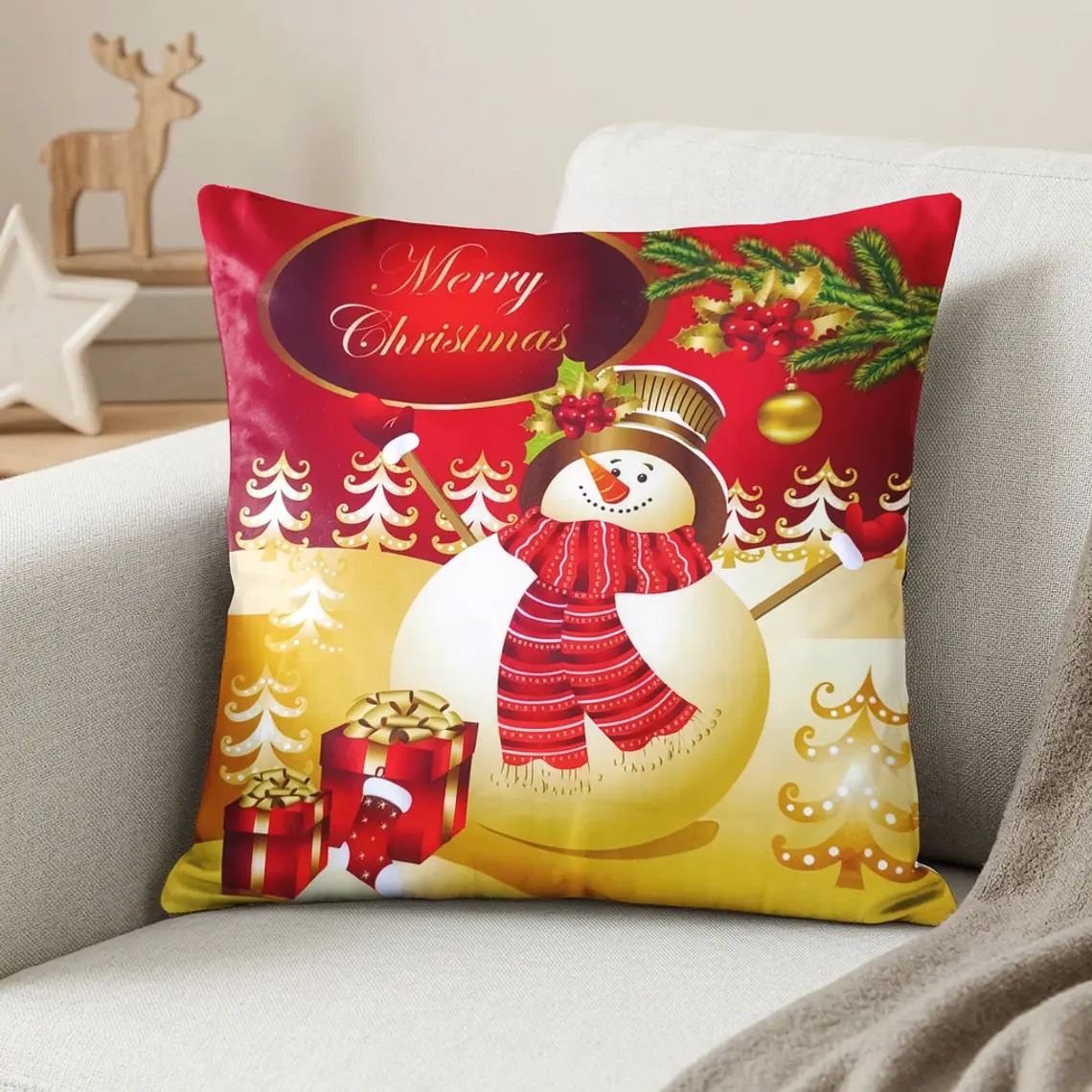 Funda de Cojín Navidad 50x50 – Muñeco de Nieve 1
