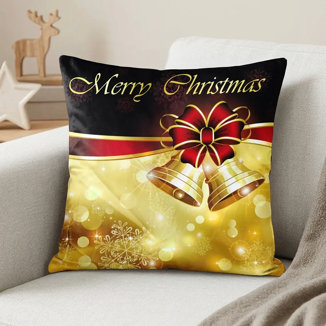 Funda de Cojín Navidad 50x50 – Campanas Doradas 2