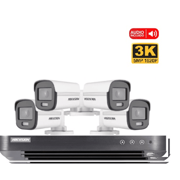 Kit 4 cámaras 5MP 3k con audio y color noche Hikvision