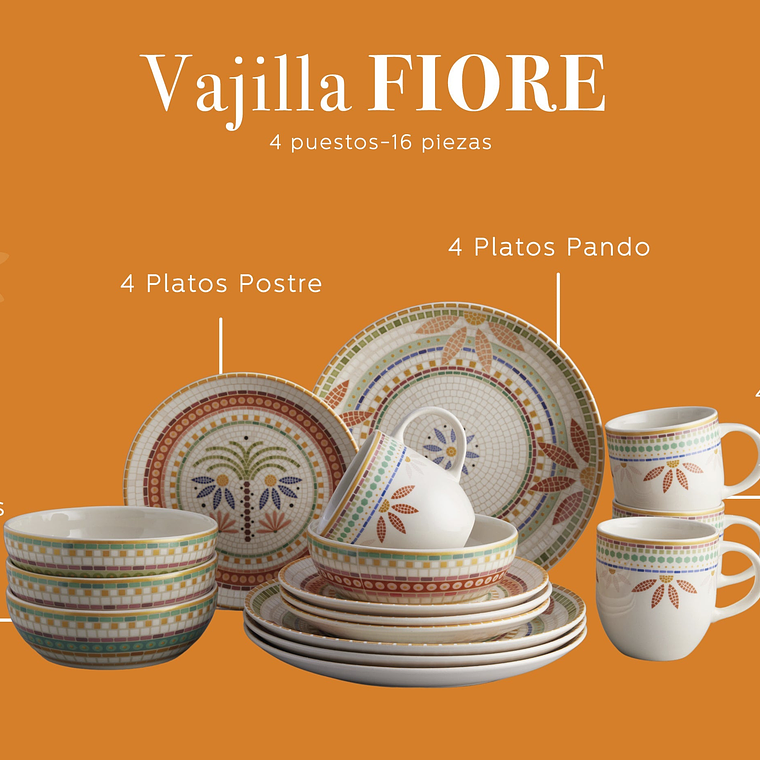 Vajilla Corona Fiore 4 Puestos 16 Piezas 3