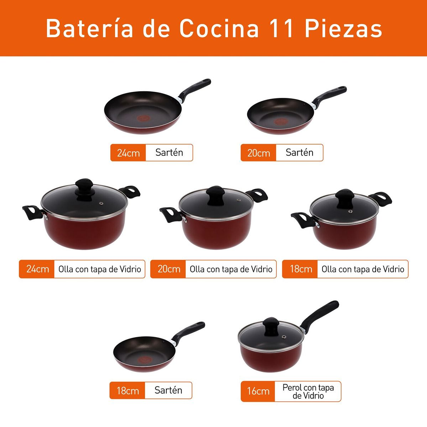 Batería de cocina IMUSA COLORS 11 piezas Rojo con Tapa de Vidrio 4