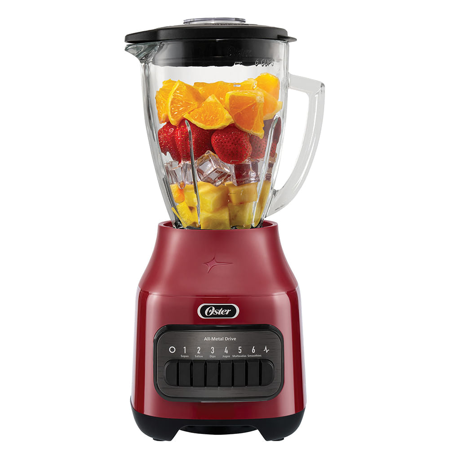 Oster® Licuadora, 6 Velocidades más Pulso, con Vaso de Vidrio Refractario Boroclass®, Rojo 1