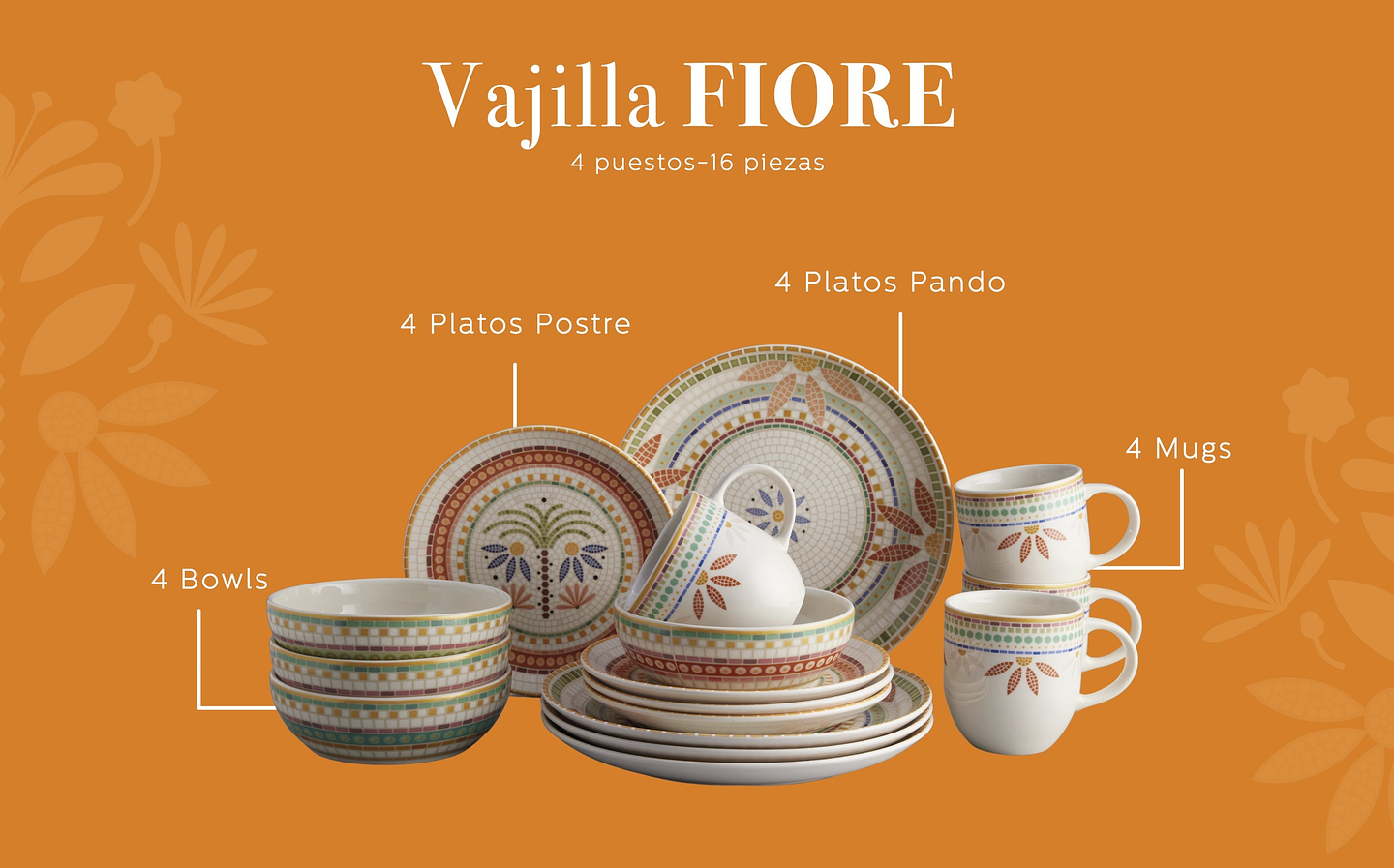 Vajilla Corona Fiore 4 Puestos 16 Piezas 3