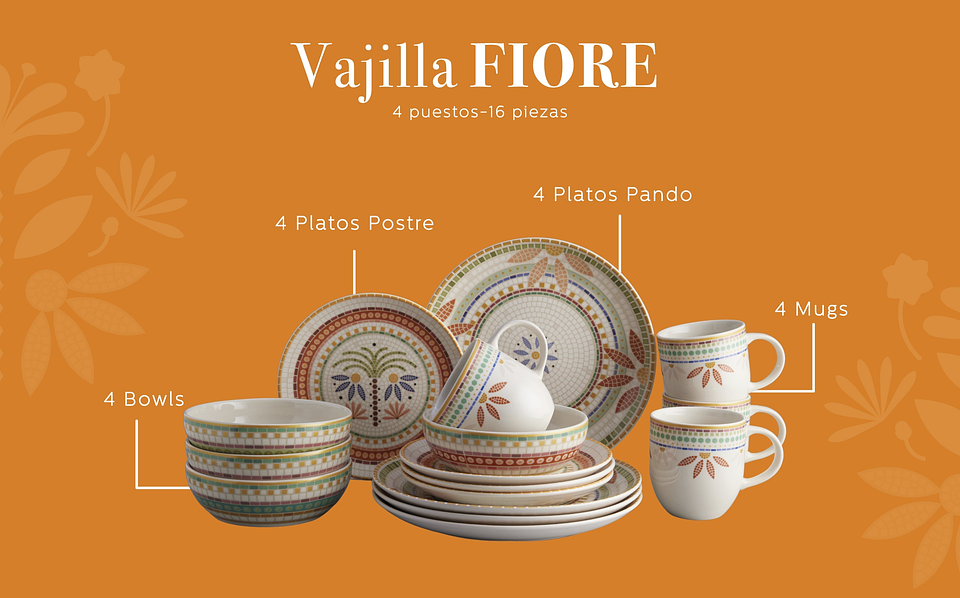 Vajilla Corona Fiore 4 Puestos 16 Piezas 3