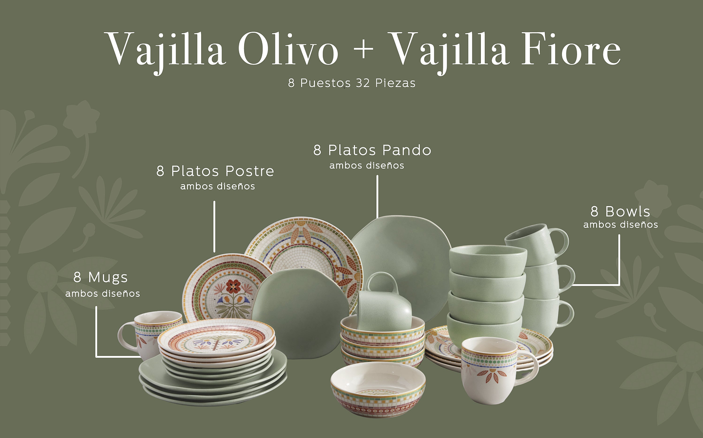 Vajilla Corona Combo Fiore + Olivo 8 Puestos 32 Piezas 5