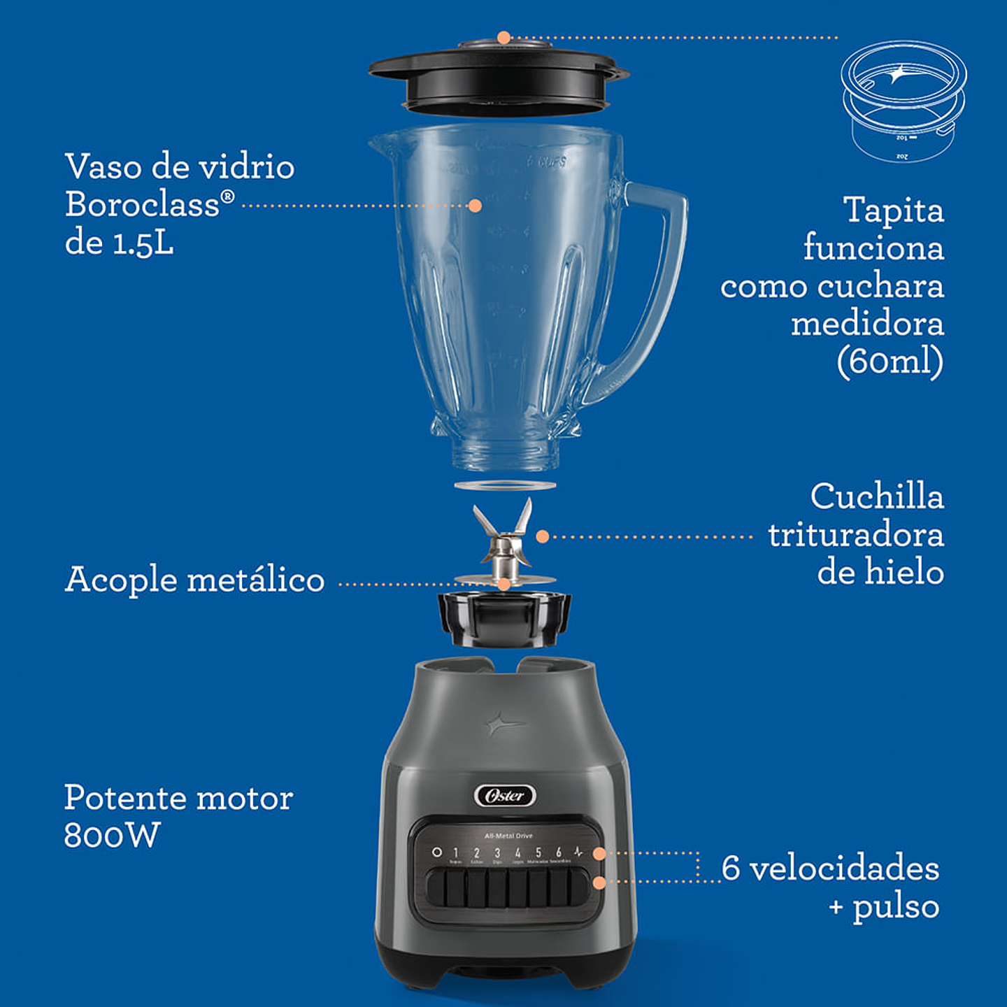 Oster® Licuadora, 6 velocidades más Pulso, Vaso de Vidrio, 1.5 Lt, 800 W, Gris 4