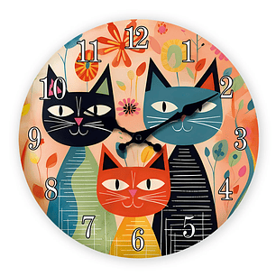 Reloj de pared de madera de la familia del gato lindo de la arte retro Sala de estar Dormitorio Cocina Decoración del hogar Reloj de pared Reloj de cuarzo silencioso Regalo de vacaciones 10 pulgadas 