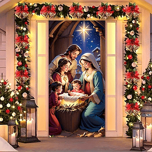 Un adorno navideño con una cálida escena familiar y una elegante corona floral.