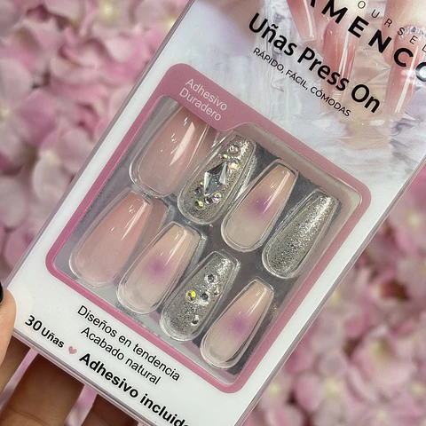 uñas press on "rosa plateado"