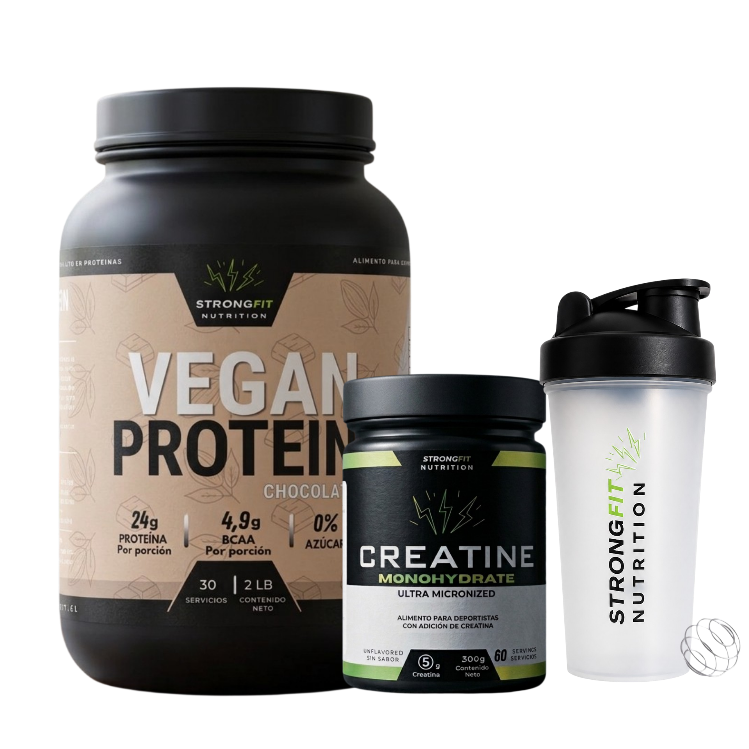 Pack Proteína Vegetal + Creatina 300g + Shaker regalo Strongfit 1