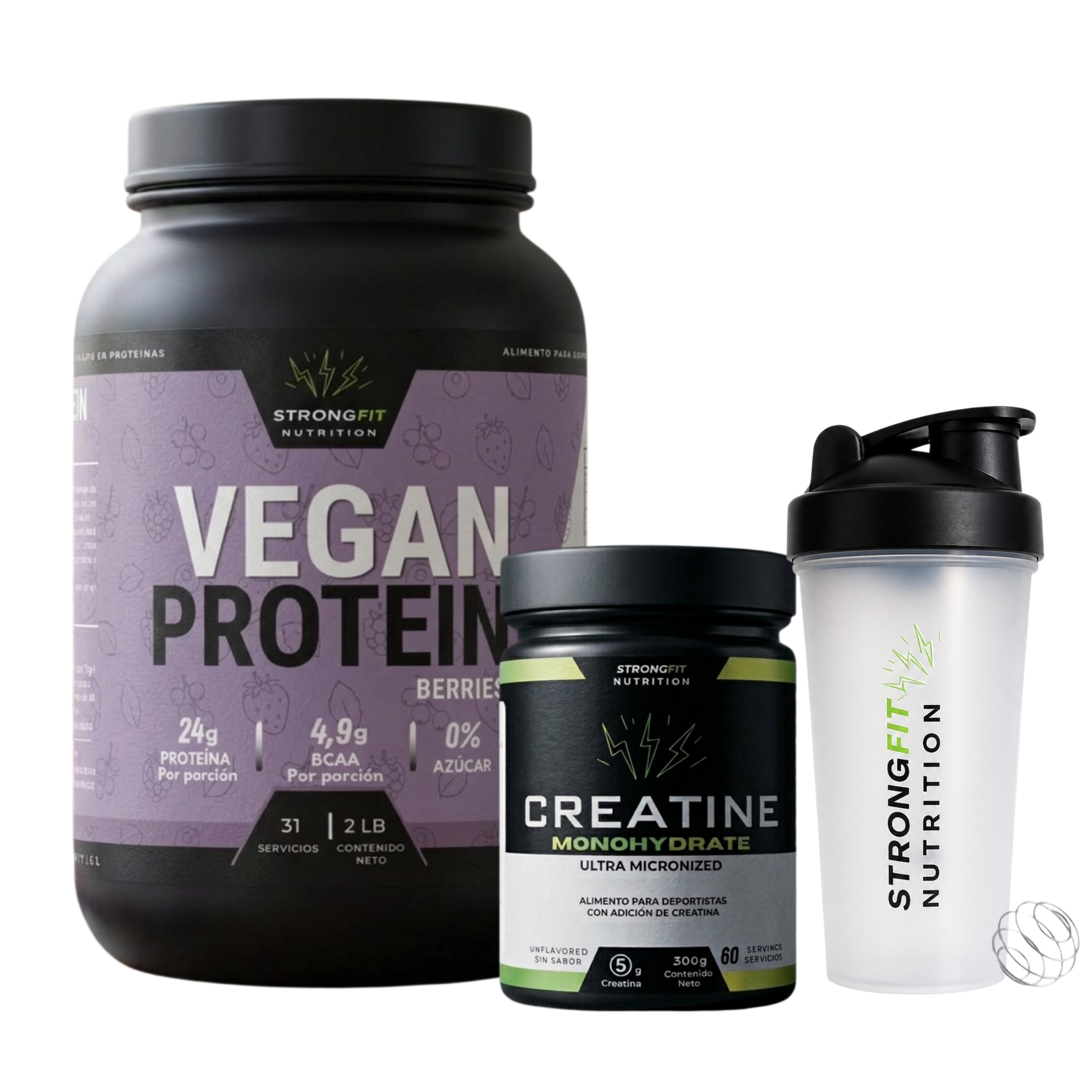 Pack Proteína Vegetal + Creatina 300g + Shaker regalo Strongfit 2
