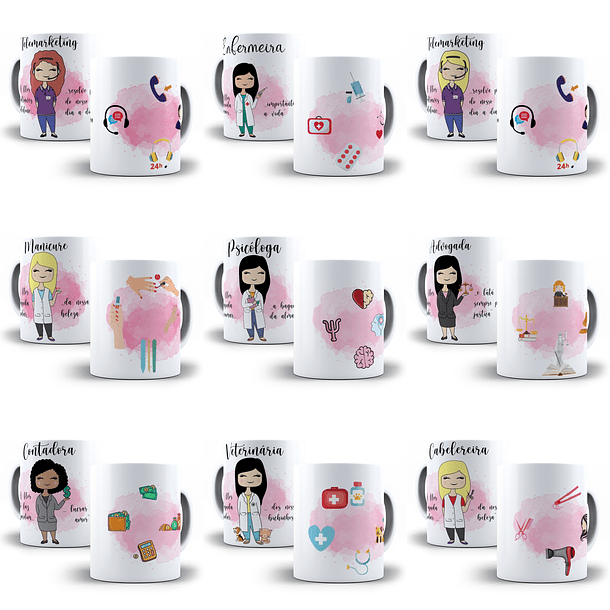 64 Artes para Caneca Profissão Feminina Editável em Corel Draw 2
