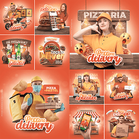 10 Artes Mídias Sociais Entregador Lanches Delivery Editáveis Photoshop + Png