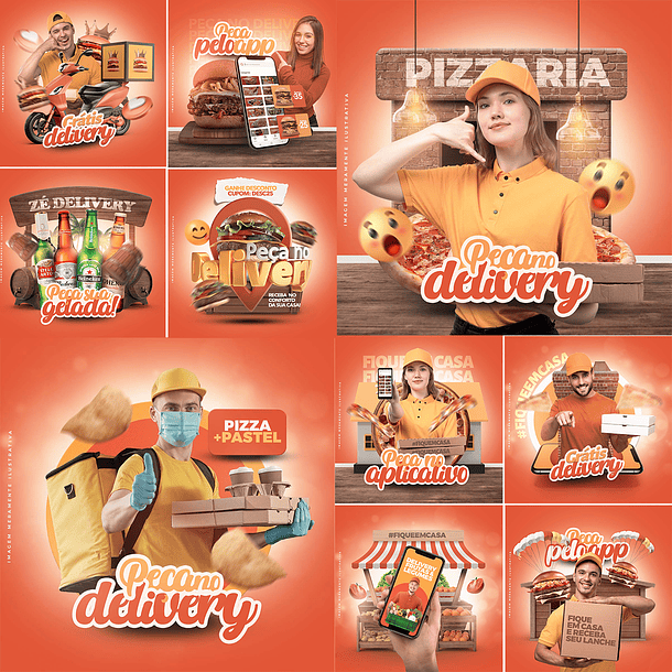 10 Artes Mídias Sociais Entregador Lanches Delivery Editáveis Photoshop + Png 
