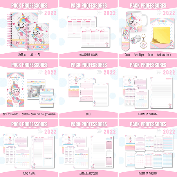 Pacotes para Agenda Professora Unicornio Poa 2022 Arquivo Pdf e Png 