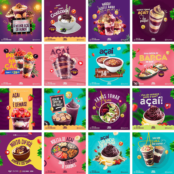 Pack Canva Açaí Templates Editáveis 32 Artes + Bônus 2