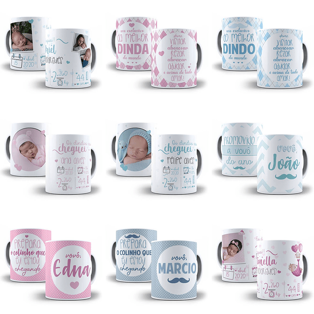 10 Artes para Caneca Dindos e Nascimentos Editável em Photoshop + Png 