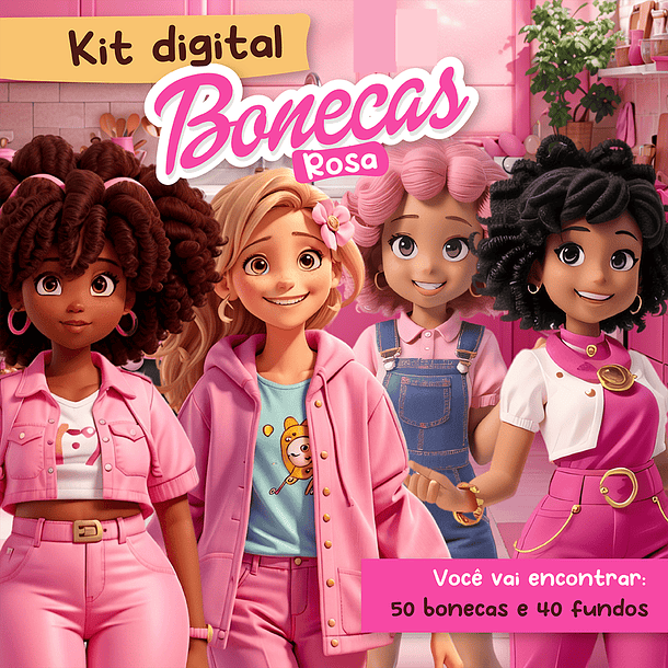 Kit Digital Bonecas Rosa Menina 3D em Png  