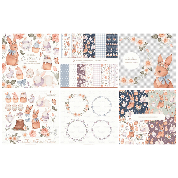 Kit Digital Páscoa Coelhinho em Aquarela Png  