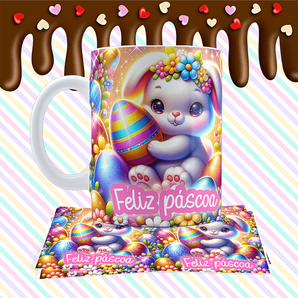 Arte Caneca Feliz Páscoa 3D Coelinhos e Ovos DouradosArquivo Png 
