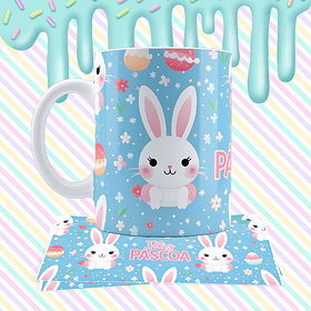 Arte Caneca Feliz Páscoa Coelhinho Azul Arquivo Png