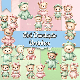 Kit Digital Chá Revelação Ursinhos Verde e Rosa Png 