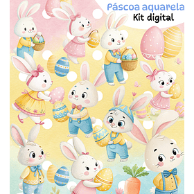 Kit Digital Pascoa Coelhinhos Aquarela Png