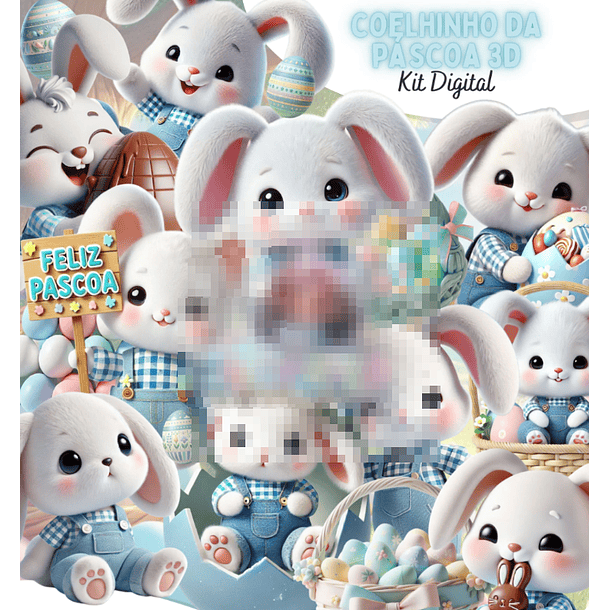 Kit Digital Coelhinha da Páscoa Azul 3d Arquivo em Png 