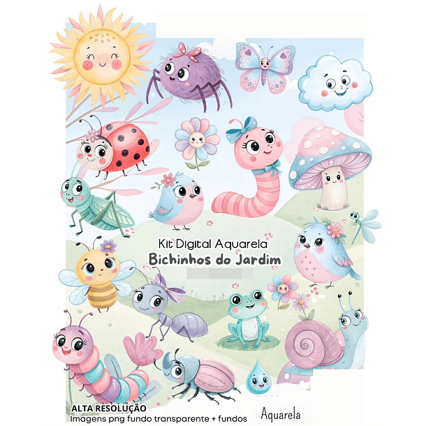 Kit Digital Bichinhos do Jardim Aquarela Arquivo em Png 