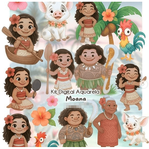 Kit Digital Moana Aquarela em Png 