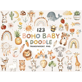 Kit Digital Baby Boho e Neutro Aquarela em Png 