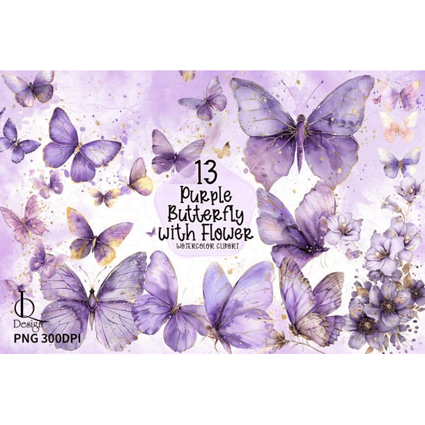 Kit Digital Borboleta Lilás Aquarela em Png 