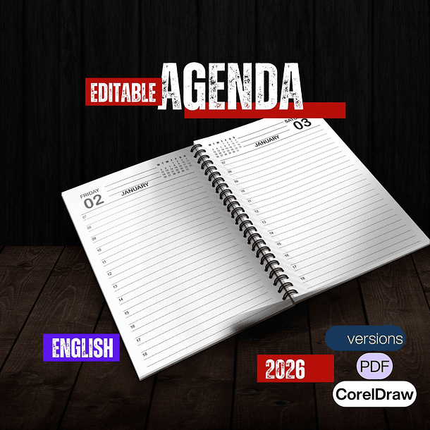 Arquivo 2026 Agenda Editable English en CorelDraw  
