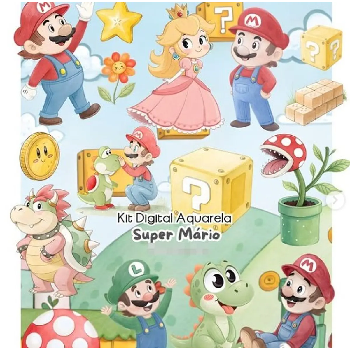 Kit Digital Super Mario Aquarela em Png | Studio Booby