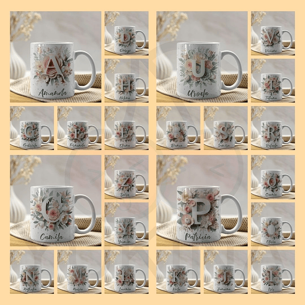 26 Artes Caneca Alfabeto Floral 3D Arquivo em Jpg  