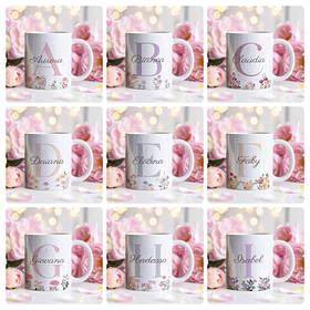 26 Artes para Caneca Alfabeto Feminino Flores Arquivo Editável 