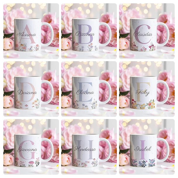 26 Artes para Caneca Alfabeto Feminino Flores Arquivo Editável  1