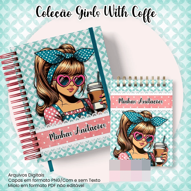 10 Artes para Caderno Pautado A5 Bloquinho A6  Coleção Retro Girls With Coffe Arquivo Pdf 7