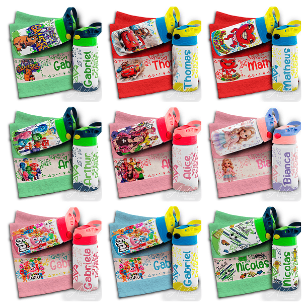 165 Artes para Toalinha Squeeze e Caneca Personagens Volta as Aulas Arquivo Editável - Sublimação 1