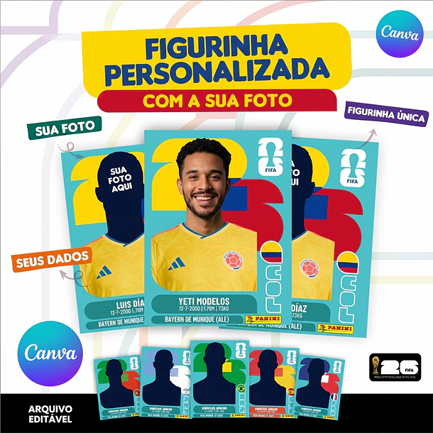 Figurinha da Copa do Mundo 2026 Personalizada Colombia - Editável no Canva 