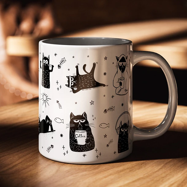 Arte Caneca Gatinhos Pretos Arquivo em Png 2