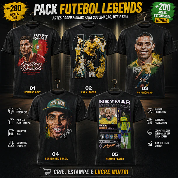 PACK PREMIUM FUTEBOL LEGENDS – 280+ Artes PNG para Camisas + 200 Vetores BÔNUS 1