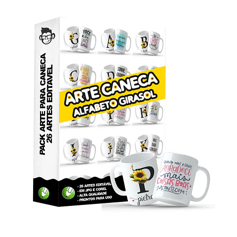 26 Artes Caneca Alfabeto Girassol Editável em Corel Draw