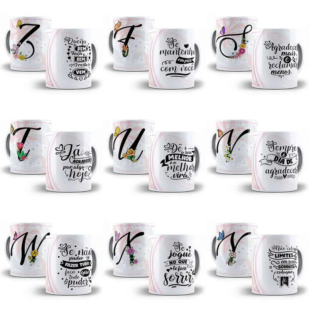 26 Artes Caneca Alfabeto Floral 2021 Editável em Corel Draw 3