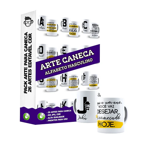 26 Artes Caneca Alfabeto Masculino Editável em Corel Draw