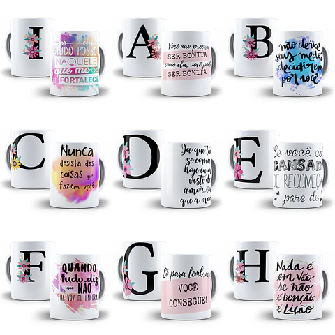 26 Artes Caneca Alfabeto Floral Frases Editável em Corel Draw
