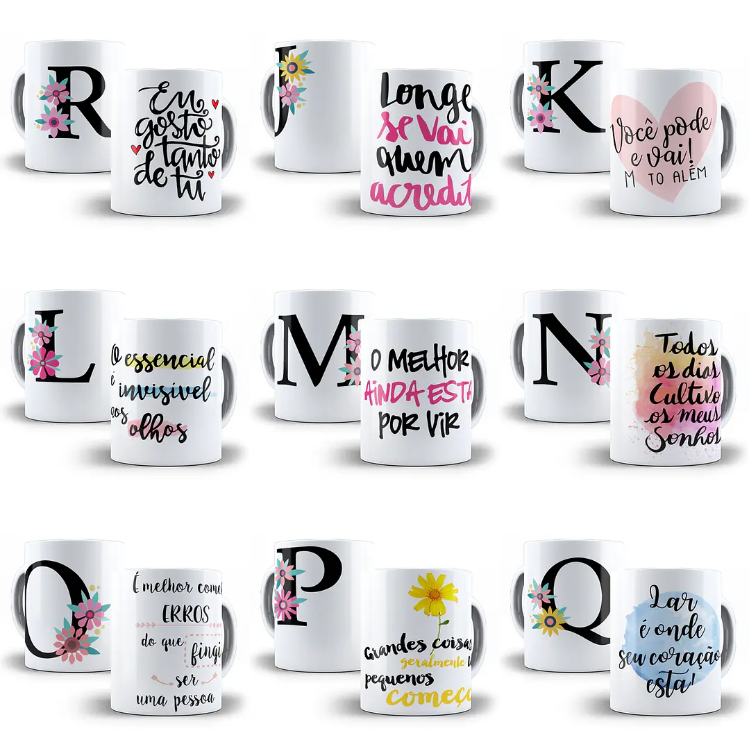 26 Artes Caneca Alfabeto Floral Frases Editável em Corel Draw 2