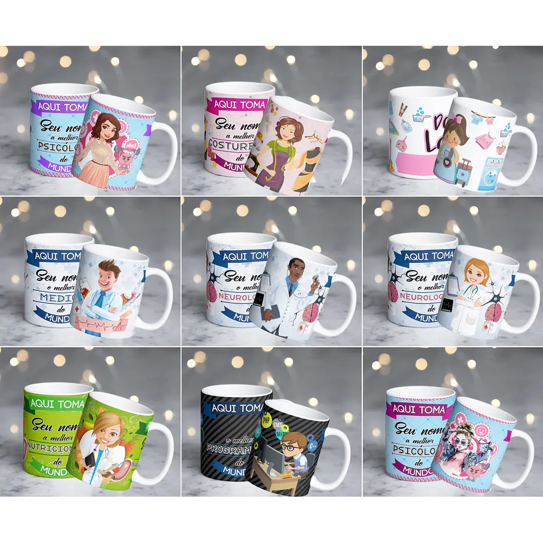 82 Artes para Caneca Profissões Editável em Corel Draw 2