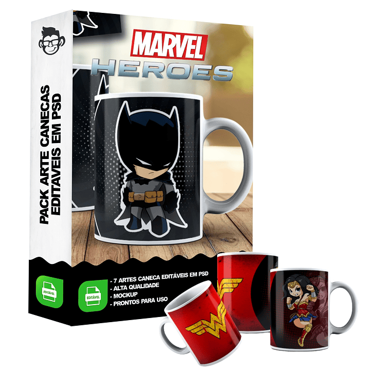 7 Artes Caneca Super Heróis e Vilões Editável em Photoshop 2