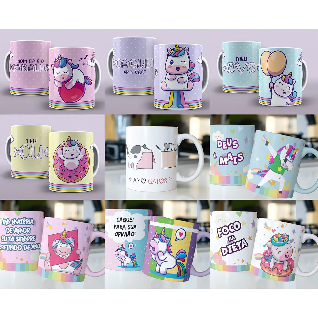 59 Artes para Caneca Unicornio e Gatinhos Editável em Corel Draw ou Photoshop 3